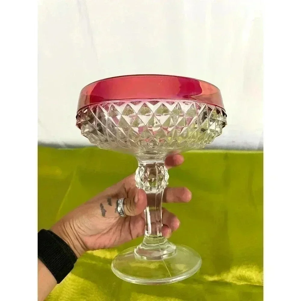 VTG Clear Pressed Indiana Glass Diamond Point Candy‎ Dish Ruby Red 7”